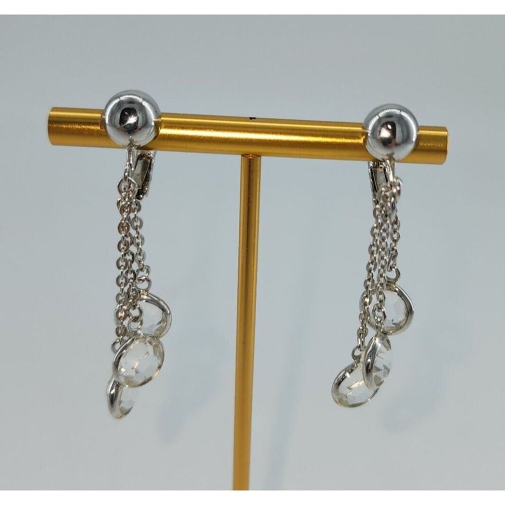 Vtg Dangle Drop Clip On Earrings Signed SAL Swarovski Silver Tone Clear‎ Stones